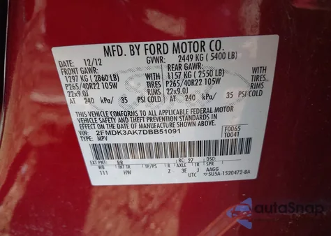 2013 Ford Edge Sport z USA, uszkodzony, nr VIN 2FMDK3AK7DBB51091